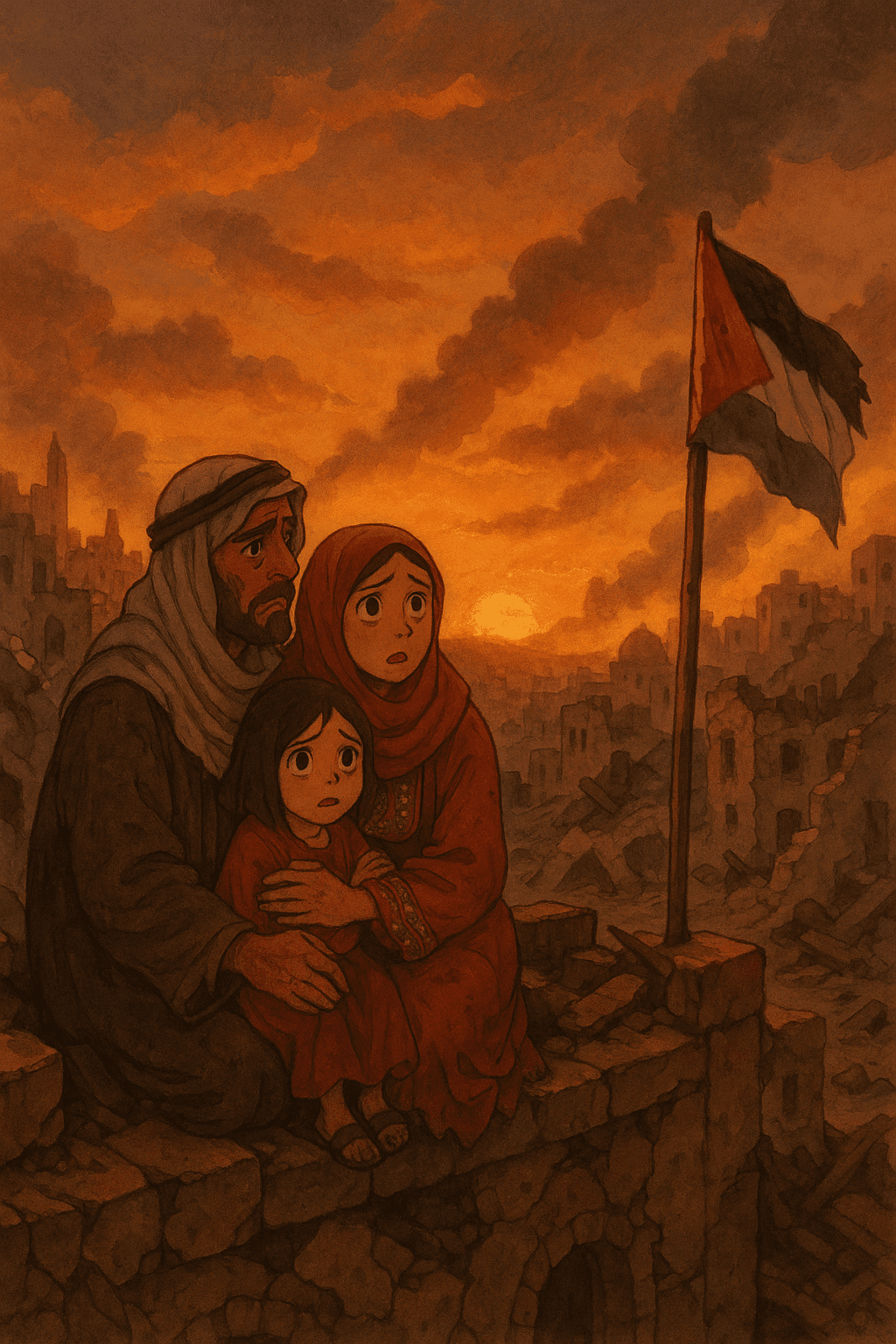 A Palestinian family looking out from a rooftop